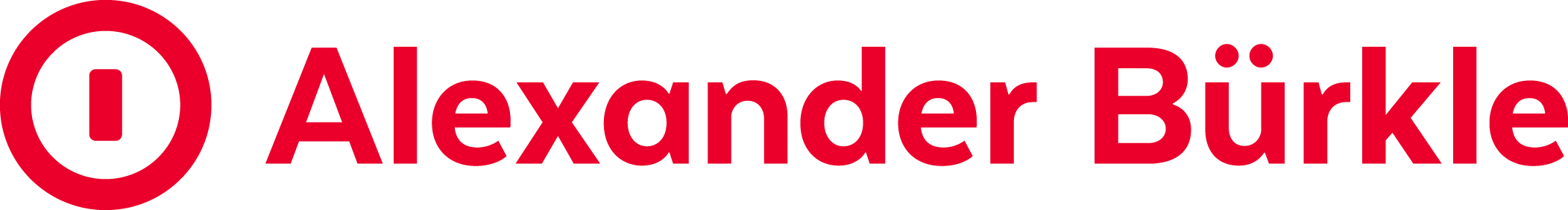 Ein rotes Logo mit dem Text "Alexander Bürkle" und einem stilisierten Kreis mit einem Punkt im Zentrum.