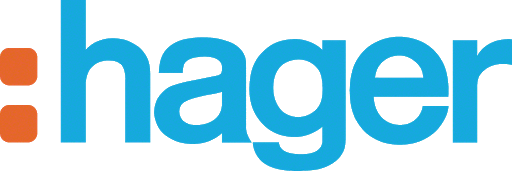 Das Bild zeigt das Logo von Hager, bestehend aus dem Wort "hager" in blauer Schrift und einem orangefarbenen Punkt links davon.
